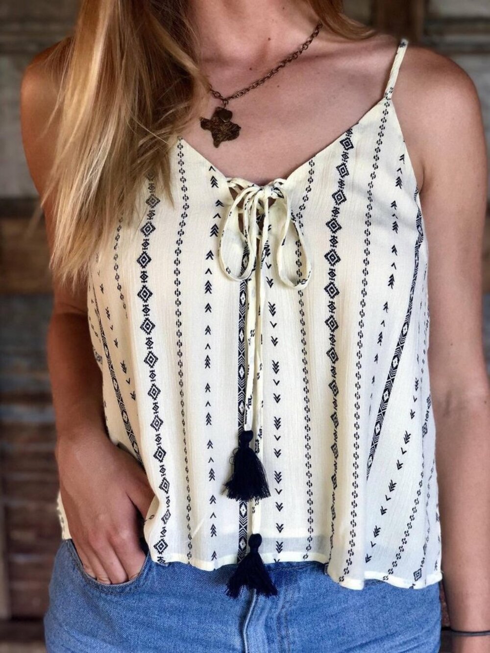 GILLI Cream and Navy Tribal Chevron Tassel Cami Tank